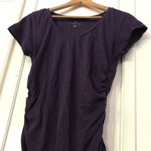 Long, shirred purple Caslon form-fitting V-tee